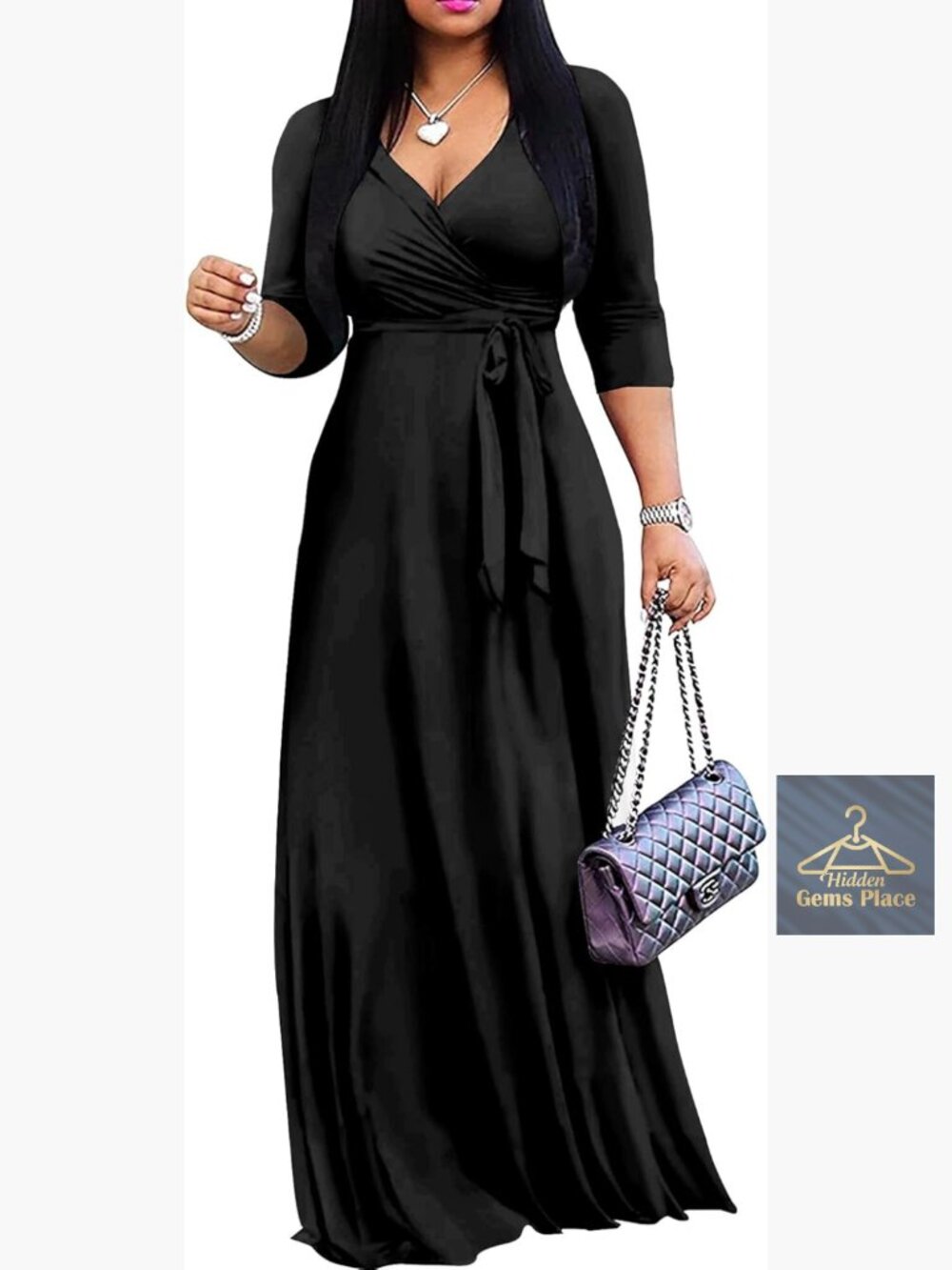 Plus Size Maxi Wrap Dress with Pockets V-Neck 3/4 Sleeve Sundress